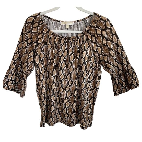 Michael Michael Kors Top Size M Snakeskin Print Short Bell Sleeves Brown Stretch - Picture 1 of 10